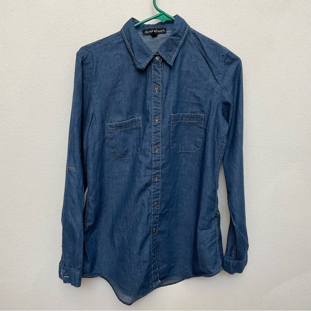 Derek Heart Dark Wash Denim Button Up Long Sleeve Top Size Med Tab Sleeves